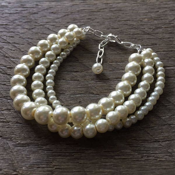 Cream Pearl Bracelet, Stacked Multi Strand Drape Bracelet on Silver or Gold Chain