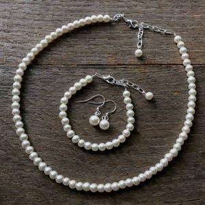 Cream Set Flower Girl Pearl Necklace Bracelet Earring One Single Strand Simple Pearl Necklace Bracelet Earrings on Silver or Gold image 3