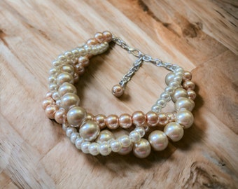 Statement Pearl Bracelet, Pink Champagne Cream, Chunky Multistrand Jewelry on Silver or Gold Chain