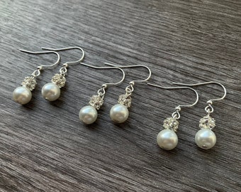 3 Pairs Crystal Pearl Earrings, Rhinestone Bead, Bridesmaids Gifts, Gift Bags Included