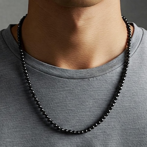 Men&#39;s Black Pearl Necklace, 6mm or 8mm Black Pearl Choker with Adjustable 2&quot; Extender Chain