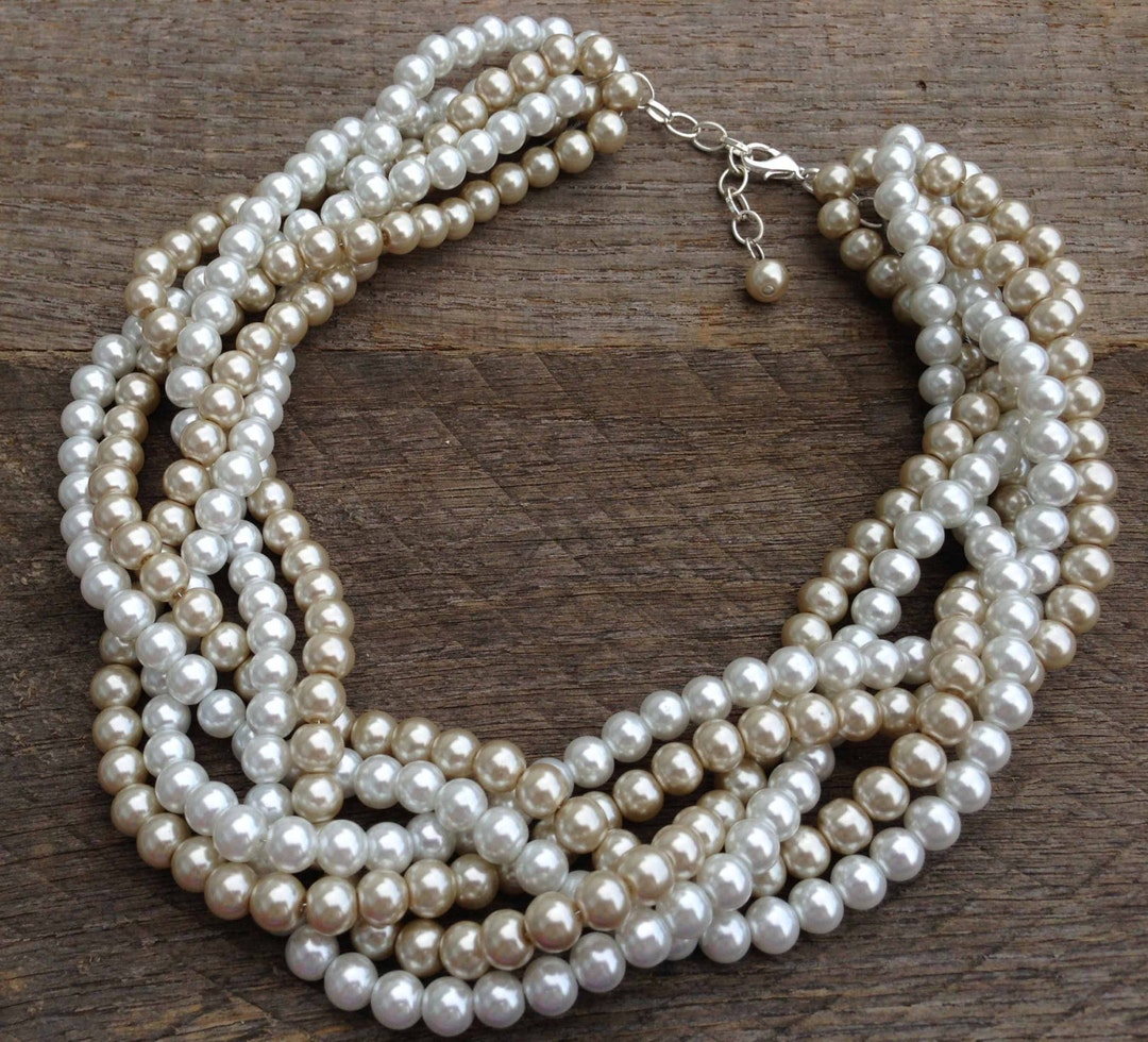 Champagne White Pearl Statement Necklace Multi Strand - Etsy