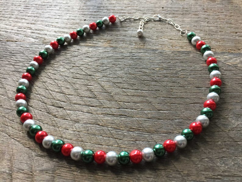 Christmas Jewelry Set, Silver Red Green Pearl Necklace Set, Christmas Jewelry, Xmas set, Xmas Jewelry on Silver Chain image 3