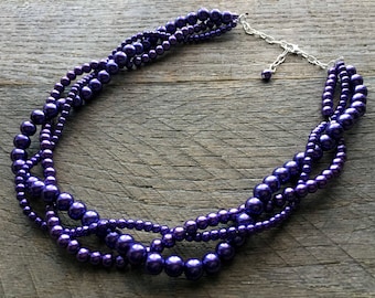 Dark Purple Pearl  Necklace, Braided Pearl Necklace, Pearl Bridal Necklace, Multi Strand Necklace on Silver or Gold Chain