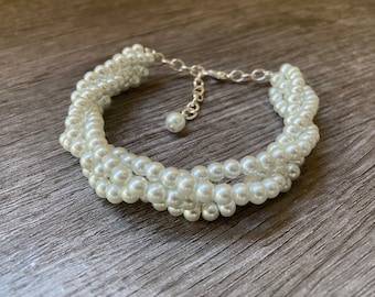 Twisted Pearl Bracelet, Multi Strand Statement Bracelet on Silver or Gold Chain