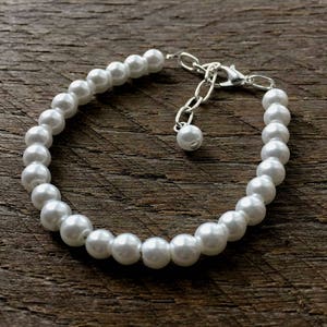 White Flower Girl Bracelet Pearl One Single Strand Simple Pearl Bracelet on Silver or Gold Chain