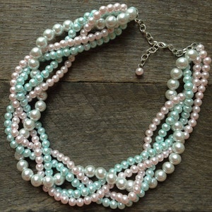 Baby Pink Blue Chunky Pearl Necklace Multi Strand Wedding Statement Gender Reveal, Baby Shower on Silver or Gold image 2