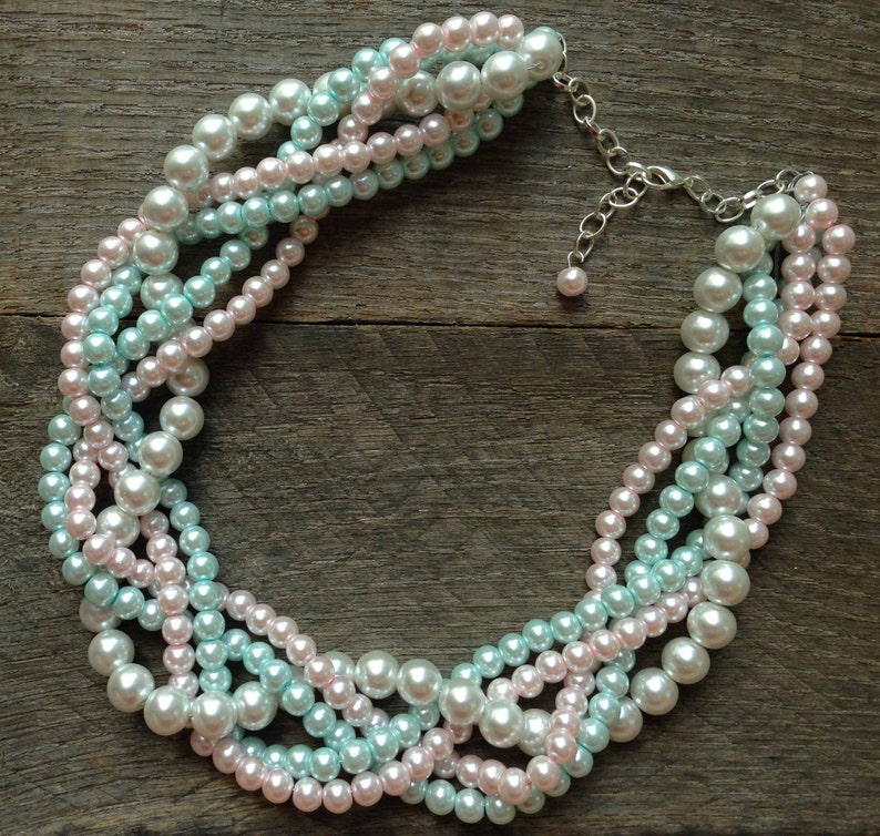 Baby Pink Blue Chunky Pearl Necklace Multi Strand Wedding Statement Gender Reveal, Baby Shower on Silver or Gold image 2