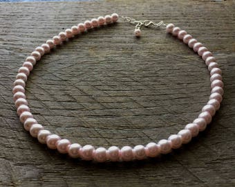 Pink Pearl Necklace Blush Bridal Necklace One Single Strand Simple Pearl Necklace on Silver or Gold Chain