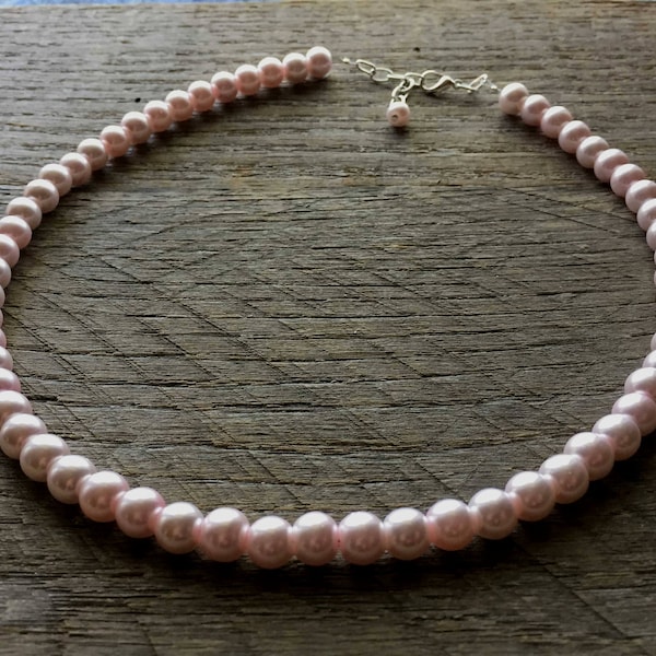 Pink Pearl Necklace Blush Bridal Necklace One Single Strand Simple Pearl Necklace on Silver or Gold Chain