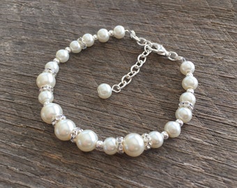 Cream Ivory Pearl Bracelet, Crystal Rondelle, Bridal and Bridesmaids Gifts, Mother of the Bride or Groom Gift For Her