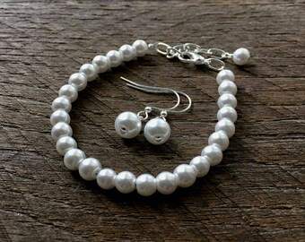 Child's White Pearl Bracelet Set, Flower Girl Set, Bracelet and Earring Set