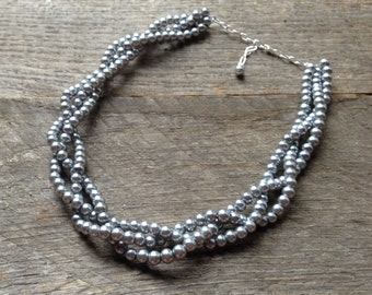 Grey Pearl Necklace, Pearl Bridal Necklace, Braided Pearl Wedding Necklace on Silver or Gold Chain