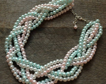 Baby Pink Blue Pearl Statement Necklace Multi Strand Wedding Braided Gender Reveal Baby Shower on Silver or Gold Chain