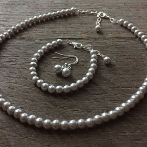 Silver Set Flower Girl Pearl Necklace Bracelet Earring One Single Strand Simple Pearl Necklace Bracelet Earrings on Silver or Gold image 1