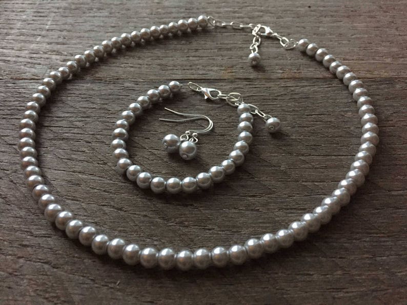 Silver Set Flower Girl Pearl Necklace Bracelet Earring One Single Strand Simple Pearl Necklace Bracelet Earrings on Silver or Gold image 1