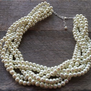 Pearl Statement Necklace, Multi Strand Jewelry, Chunky Braided Necklace on Silver or Gold Chain image 1