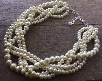 Ivory Chunky Pearl Necklace, Multi Strand Necklace Wedding Necklace, Pearl Statement Necklace on Silver or Gold Chain