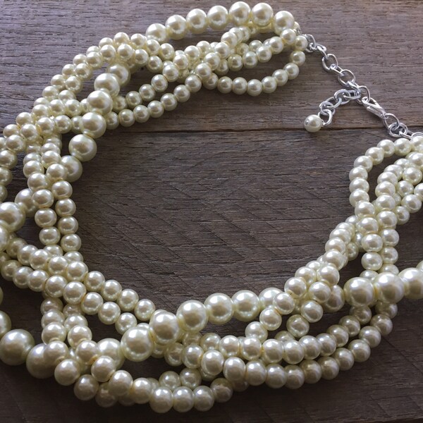 Ivory Chunky Pearl Necklace, Multi Strand Necklace Wedding Necklace, Pearl Statement Necklace on Silver or Gold Chain