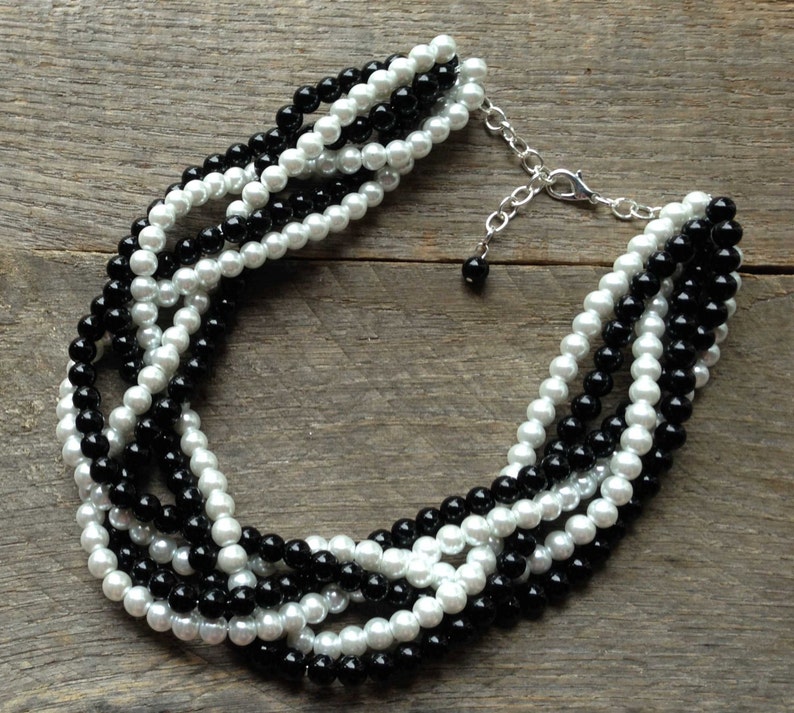 Black White Pearl Statement Necklace, Multi Strand Necklace Wedding Necklace, Chunky Braided Necklace on Silver or Gold Chain image 2