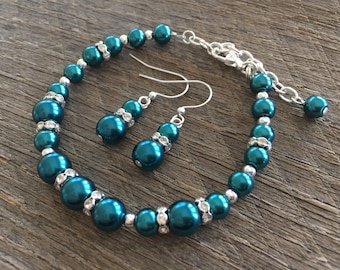Teal Pearl Bracelet & Earring Set, Crystal Rondelle Jewelry Set, Bridal and Bridesmaids Gifts, Mother of the Bride Gift For Her
