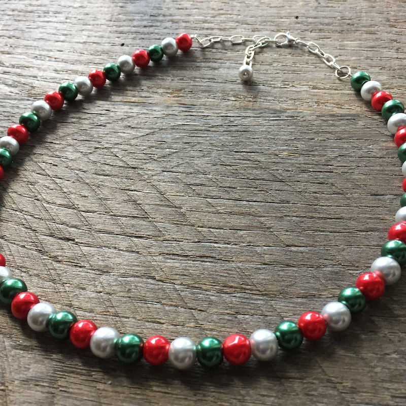 Handmade Beaded Christmas Necklace & Earring Set – Red & Green Glass – Brass Base - View #4