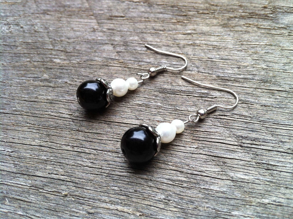 Black White Earrings Glass Pearl with Silver Flower Petal | Etsy