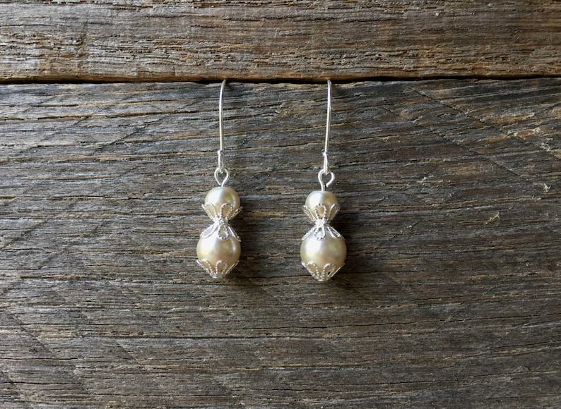 Champagne Pearl Earrings Bridal Earrings Filigree Petal Dangle Drop Pendant Earrings on Silver or Gold Hook image 1