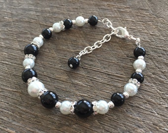 Black and White Pearl Bracelet, Crystal Rondelle, Bridal and Bridesmaids Gifts, Mother of the Bride or Groom Gift For Her