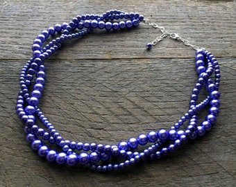 Violet Pearl  Necklace, Braided Pearl Necklace, Pearl Bridal Necklace, Multi Strand Necklace on Silver or Gold Chain