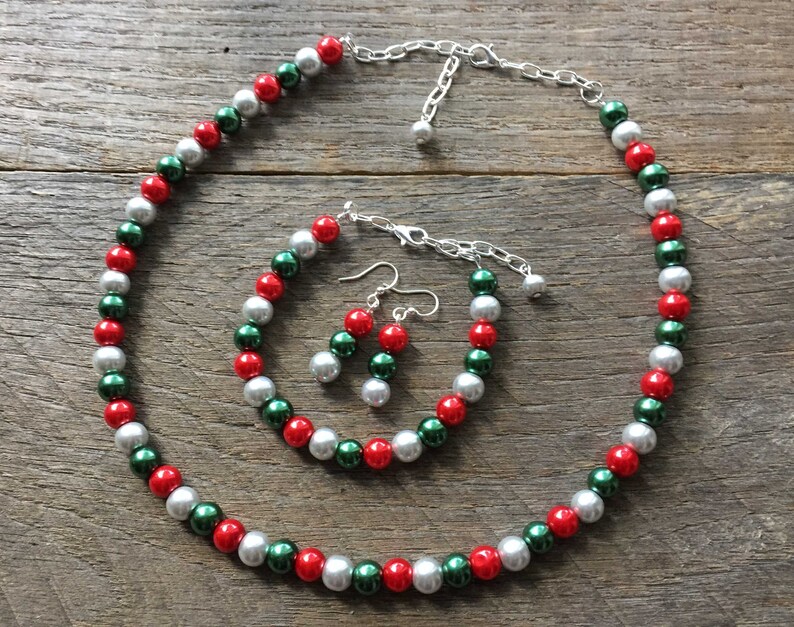 Christmas Jewelry Set, Silver Red Green Pearl Necklace Set, Christmas Jewelry, Xmas set, Xmas Jewelry on Silver Chain image 2