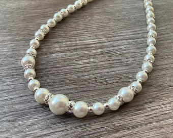 Crystal Pearl Necklace, Bridal Jewelry with Silver or Gold Accents and Chain