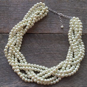 Pearl Statement Necklace, Multi Strand Jewelry, Chunky Braided Necklace on Silver or Gold Chain image 2