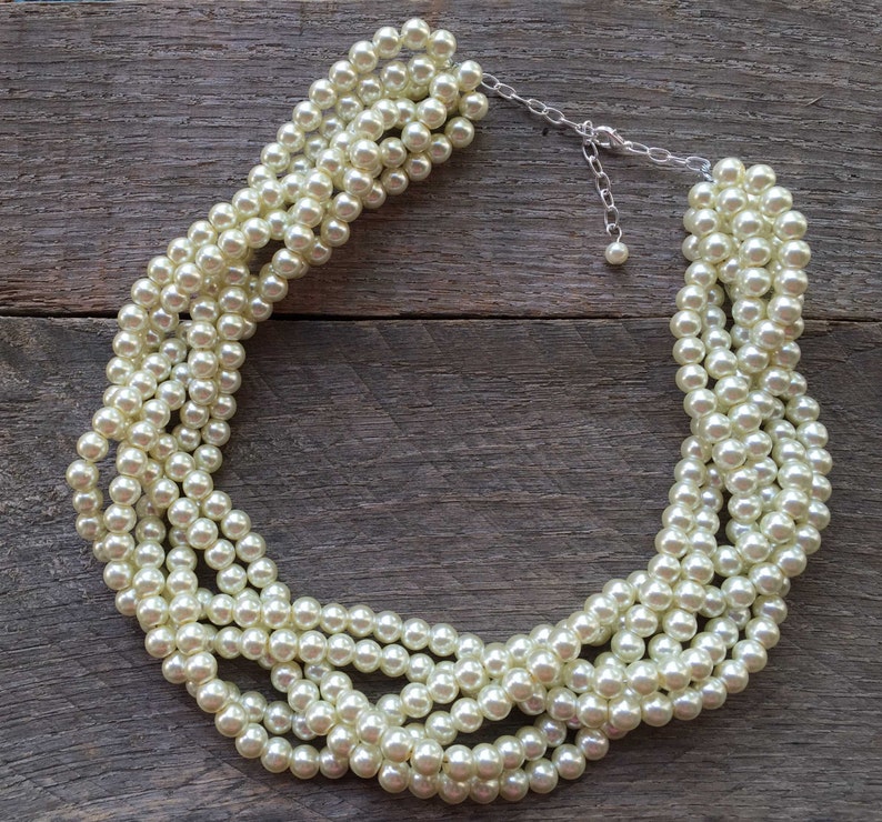 Pearl Statement Necklace, Multi Strand Jewelry, Chunky Braided Necklace on Silver or Gold Chain image 2