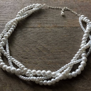 White Pearl Necklace, Braided Pearl Necklace, Pearl Bridal Necklace, Multi Strand Necklace on Silver or Gold Chain image 1