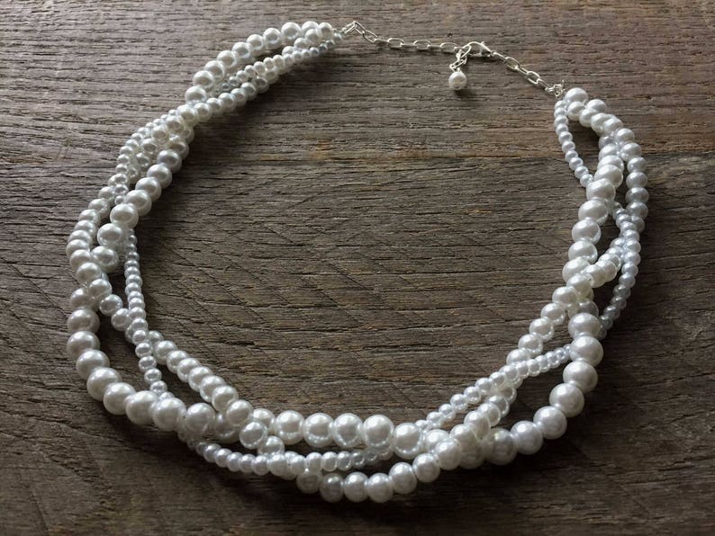 White Pearl Necklace, Braided Pearl Necklace, Pearl Bridal Necklace, Multi Strand Necklace on Silver or Gold Chain image 1
