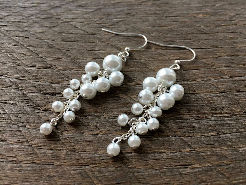 Pearl Statement Earrings Cluster Earrings Bridal Long Drop Etsy