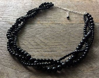 Black Pearl Necklace, Braided Pearl Necklace, Pearl Bridal Necklace, Multi Strand Necklace on Silver or Gold Chain