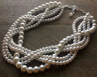 Chunky Pearl Necklace, Multi Strand Bridal Statement Necklace on Silver or Gold Chain