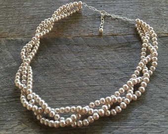 Champagne Pearl Necklace, Pearl Bridal Necklace, Braided Pearl Wedding Necklace on Silver or Gold Chain