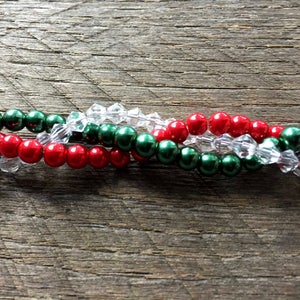 Christmas Necklace, Braided Pearl Necklace, Red Green Crystal Necklace, Multi Strand Necklace, Braided Necklace on Silver or Gold image 3