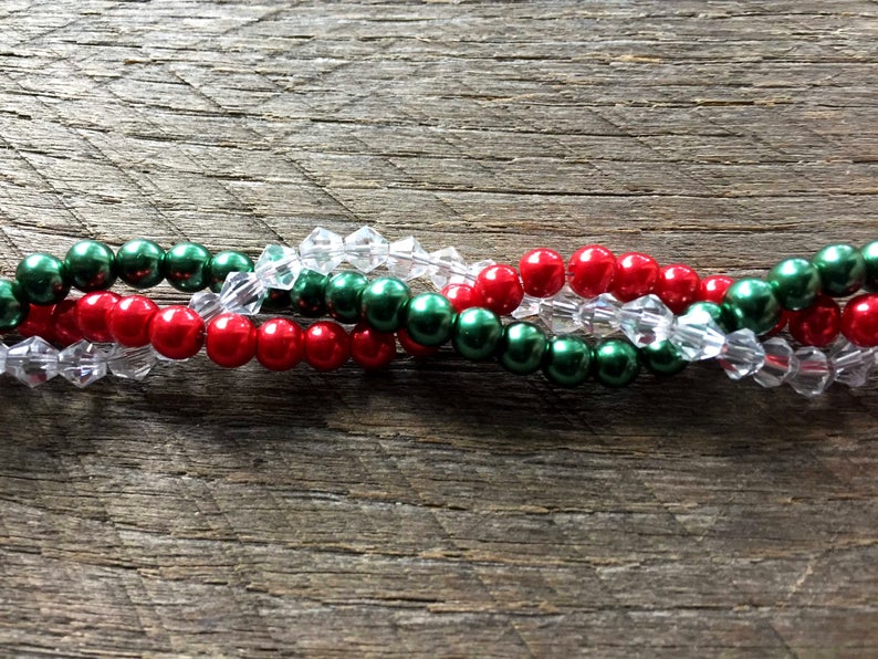 Christmas Necklace, Braided Pearl Necklace, Red Green Crystal Necklace, Multi Strand Necklace, Braided Necklace on Silver or Gold image 3