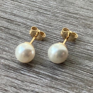 14kt Gold Pearl Stud Earrings, Sterling Silver Faux Pearl Post Earrings image 3