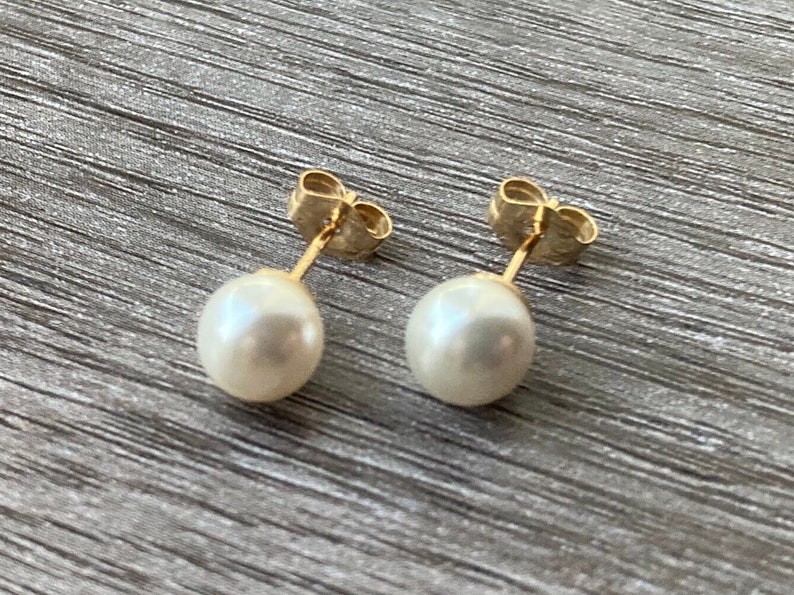 14kt Gold Pearl Stud Earrings, Sterling Silver Faux Pearl Post Earrings image 3