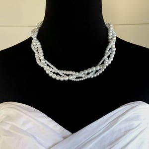 White Pearl Necklace, Braided Pearl Necklace, Pearl Bridal Necklace, Multi Strand Necklace on Silver or Gold Chain image 3