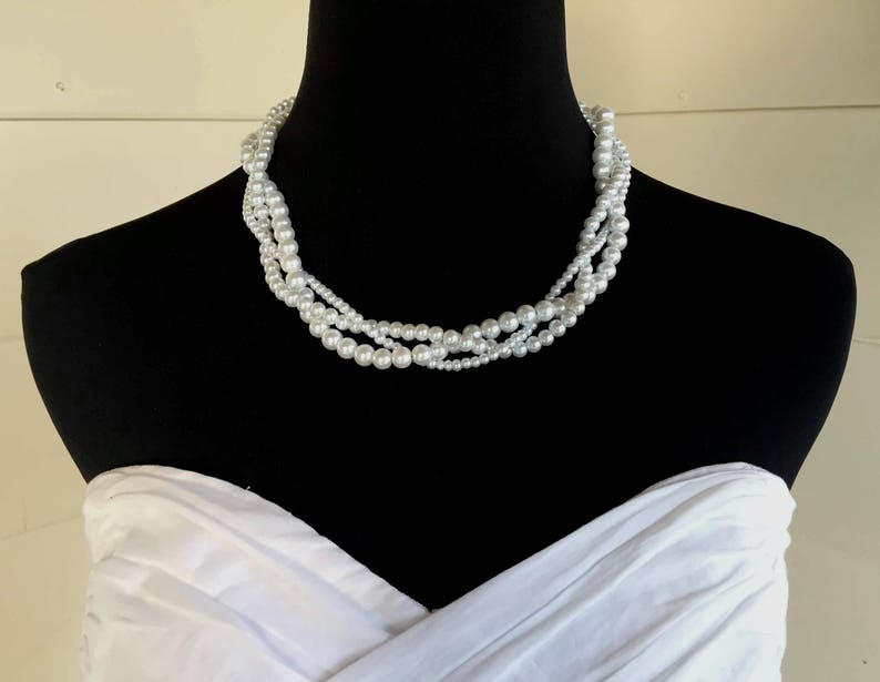 White Pearl Necklace, Braided Pearl Necklace, Pearl Bridal Necklace, Multi Strand Necklace on Silver or Gold Chain image 3