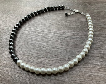 Half Hematite and Pearl Necklace, 8mm or 6mm Pearls, Adjustable with 2" Extender Chain, Multiple Sizes and Lengths Available