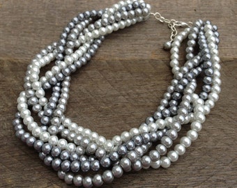 Grey White Pearl Statement Necklace, Multi Strand Necklace Wedding Necklace, Chunky Braided Necklace on Silver Chain