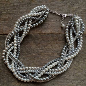 Statement Pearl Necklace, Grey White, Multi Strand Braided Necklace image 2