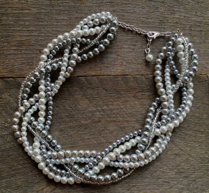 Statement Pearl Necklace, Grey White, Multi Strand Braided Necklace image 2